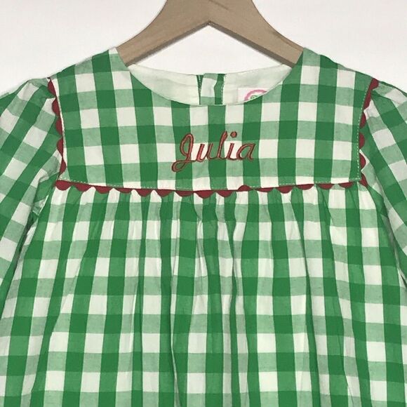Posh Pickle Girl Boutique Dress Size 6 Green Red White Check “Julia” Monogram - Picture 3 of 8